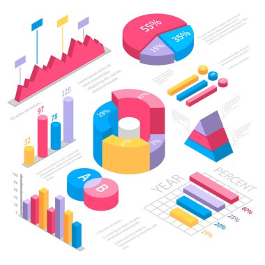 İş sunumlarınız için düz 3D vektör izometrik bilgi. Veri simgeleri, grafikleri ve tasarım elemanlarıyla büyük bir bilgi kümesi. Yuvarlak, üçgen, düz diyagram beyaz zemin üzerinde.