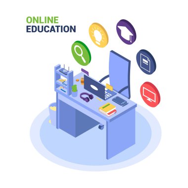 Web sitesi ve mobil canlanma için modern daire tasarımı izometrik konsept çevrimiçi eğitim. İniş sayfası şablonu, ışık teması. Düzenlemek ve kişiselleştirmek kolay. Vektör illüstrasyon eğitimi. Bilgi..