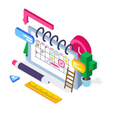 Pankart planlama konsepti. Web afişi, bilgi aktarımı için kullanılabilir. Düz izometrik vektör çizimi beyaz arkaplanda izole edildi. Etkili gün planlaması. Zaman dağılımı. Takviminizi işaretleyin