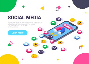 Sosyal medyanın vektör 3 boyutlu izometrik çizimi. Web tasarım konsepti. Tüm sosyal medyayı tek tıklamayla çeken bir telefon. Beyaz arkaplanda ayrıntılı illüstrasyon.