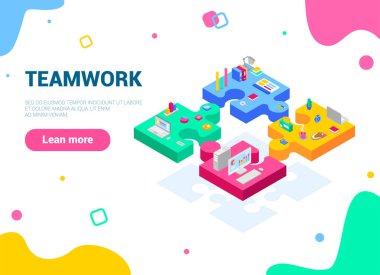 Takım çalışmasının vektör 3 boyutlu izometrik çizimi. Web tasarım konsepti. Farklı renkte bulmacalar, takım çalışmasının önemini gösterir. Beyaz arkaplanda ayrıntılı illüstrasyon.