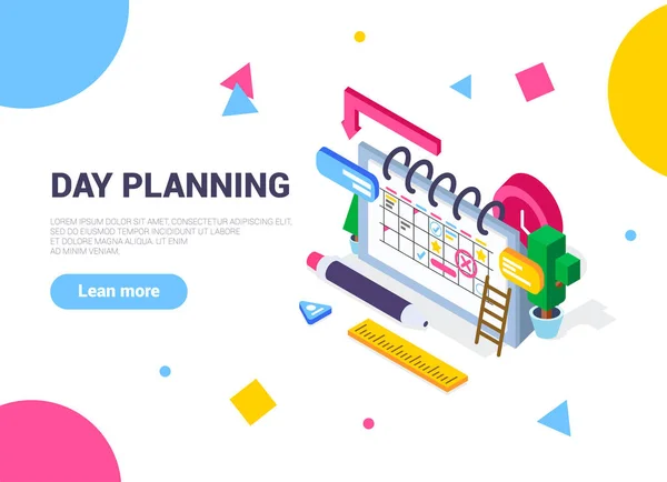 Pankart planlama konsepti. Web afişi, bilgi aktarımı için kullanılabilir. Düz izometrik vektör çizimi beyaz arkaplanda izole edildi. Etkili gün planlaması. Zaman dağılımı. Takviminizi işaretleyin