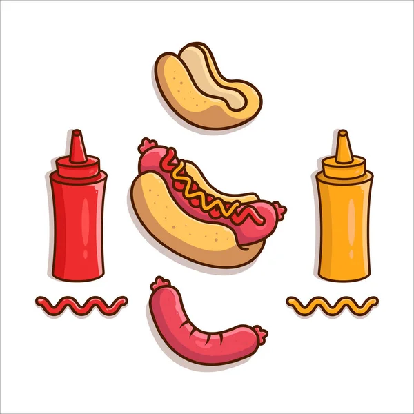 Hot Dog Ingredienser Vektor Ikon Illustration Vacker Platt Tecknad Stil — Stock vektor