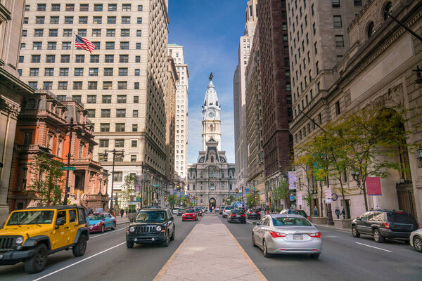 Street view of downtown Philadelphia in PA, USA