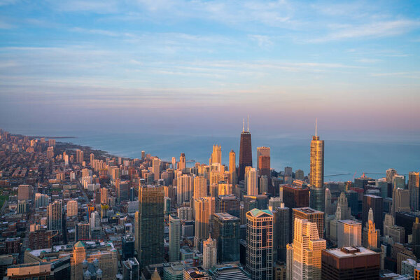 Aerial view of Chicago downtown at sunset from high above