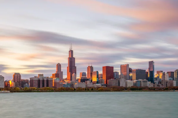 Downtown Chicago Skyline Bij Zonsondergang Illinois Verenigde Staten — Stockfoto