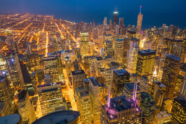 Aerial view of Chicago downtown at sunset from high above