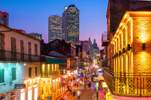 Pubs and bars with neon lights in the French Quarter, New Orleans USA