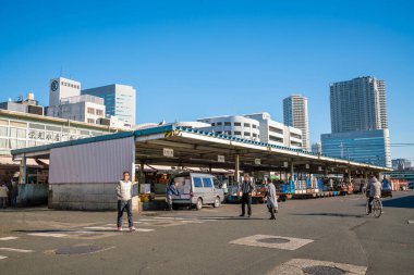 TOKYO, JAPONYAN - 9 Aralık 2016: Tokyo 'da perakende satış mağazaları ve restoran taşıyıcısı ile Tsukiji balık pazarının görüntüsü