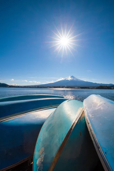 Sol Efecto Estrella Disparo Con Montaña Fuji Barcos Lago Kawaguchiko — Foto de Stock