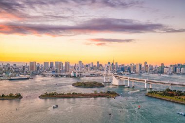 Japonya 'da gün batımında Tokyo kulesi ve gökkuşağı köprüsü ile Tokyo silueti
