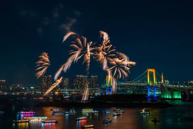 Japonya 'da Tokyo kulesi ve gökkuşağı köprüsü olan havai fişekler ve Tokyo silueti