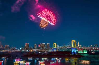 Japonya 'da Tokyo kulesi ve gökkuşağı köprüsü olan havai fişekler ve Tokyo silueti