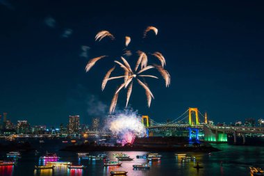 Japonya 'da Tokyo kulesi ve gökkuşağı köprüsü olan havai fişekler ve Tokyo silueti