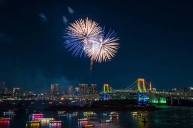 Japonya 'da Tokyo kulesi ve gökkuşağı köprüsü olan havai fişekler ve Tokyo silueti