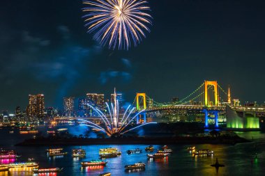 Japonya 'da Tokyo kulesi ve gökkuşağı köprüsü olan havai fişekler ve Tokyo silueti