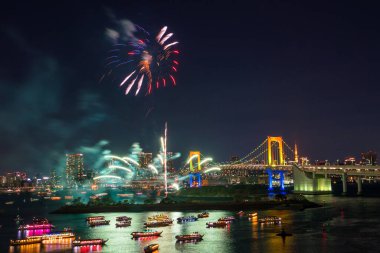 Japonya 'da Tokyo kulesi ve gökkuşağı köprüsü olan havai fişekler ve Tokyo silueti