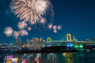 Japonya 'da Tokyo kulesi ve gökkuşağı köprüsü olan havai fişekler ve Tokyo silueti