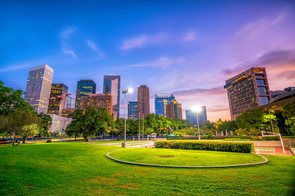 Downtown Houston skyline in Texas USA at twilight