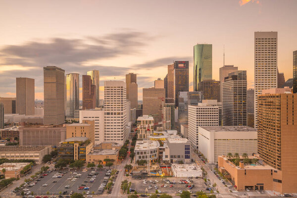 Downtown Houston skyline in Texas USA at twilight