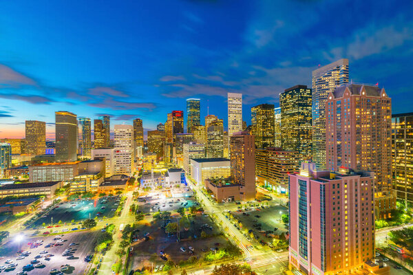 Downtown Houston skyline in Texas USA at twilight
