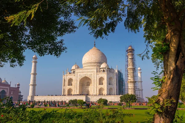 Taj Mahal Par Jour Clair Lumineux Avec Ciel Bleu — Photo