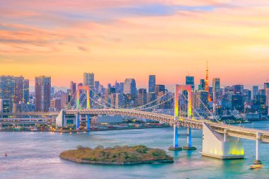 Japonya 'da gün batımında Tokyo kulesi ve gökkuşağı köprüsü ile Tokyo silueti