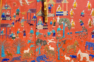 Luang Pra Bang 'in en popüler tapınağı Wat Xieng Tangası' nın detaylı görüntüleri, Laos.