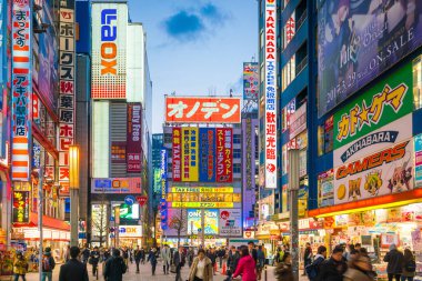 Tokyo, Japonya - 28 Mart 2017: 28 Mart 2017 'de Akihabara elektronik merkezindeki neon tabelalar ve reklam panoları