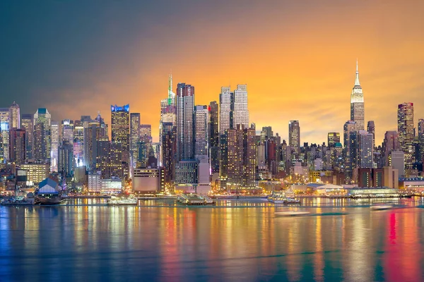 New York City Skyscrapers Illuminated Hudson River Panorama — Stock Photo, Image