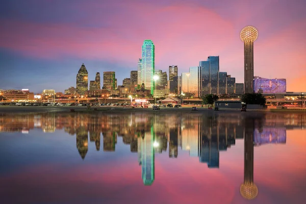 Skyline Dallas Riflesso Nel Trinity River Tramonto Texas — Foto Stock