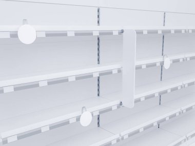 Süpermarket raflarının 3 boyutlu görüntüsü tıkaçlar, titreşimler, raf konuşmacıları ve raf bantları ile yakın görüntüde.