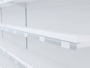 Süpermarket raflarının 3 boyutlu görüntüsü raf konuşmacıları, fiyat etiketleri ve raf bantları için yer yakın görüntüde.