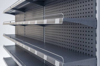 Süpermarketin 3 boyutlu görüntüsü siyah raflar raf konuşanları, raf koruması, fiyat etiketleri ve raf bantları için yer yakın görüntüde.