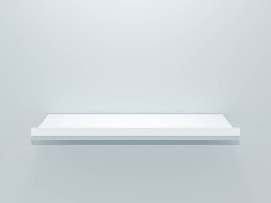 Gri arka plan tasarım şablonuna izole edilmiş raf konuşmacısı olan beyaz market perakendecisi. Süpermarkette ürün nesnesini göstermek için 3d tasarım