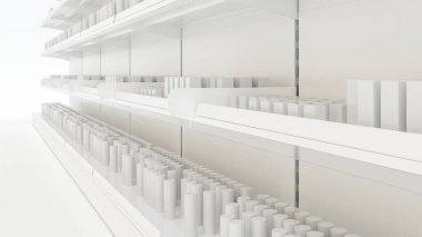 Süpermarket raflarının 3 boyutlu görüntüsü basit ürünler, durdurucular, yalpalayıcılar, raf konuşmacıları ve raf bantları ile yakın görünümde modelleniyor.