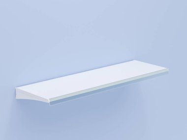 Raftan konuşan beyaz bakkal rafı. Model için mavi arkaplan tasarım şablonu izole edildi. Süpermarkette ürün nesnesini göstermek için yan görünüm 3d görüntüleme tasarımı