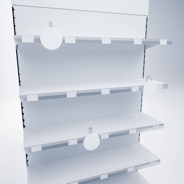 3d image of close up front view white blank showcase display shelves with topper, woblers and price tags
