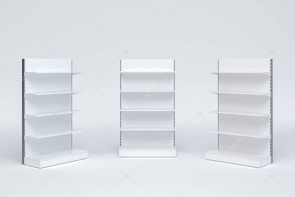 3D image set of regular empty grocery retail shelving with different staying angle and on isolated background