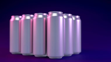 Üç boyutlu gümüş alüminyum soğuk teneke kutu görüntüsü moda kırmızı menekşe renginde bir grupta kalıyor. Koyu mavi arka planda bulanık