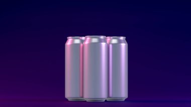 Üç adet gümüş alüminyum soğuk tenekenin 3 boyutlu görüntüsü, modaya uygun kırmızı menekşe renginde görüntünün merkezinde duruyor. Koyu mavi arka planda bulanık