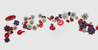 Beyaz yalıtılmış arka planda farklı renkte tehlikeli koronavirüs / virüs moleküllerinin 3 boyutlu görüntüsü