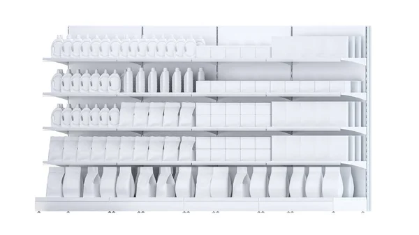 Imagen Cuatro Escaparates Estanterías Supermercados Muestra Con Estantes Con Paquetes — Foto de Stock