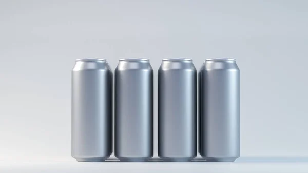 パック内の銀アルミニウム冷たい缶の3D画像 白い背景に映画の照明で — ストック写真