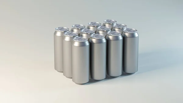 パック内の銀アルミニウム冷たい缶の3D画像 光を背景に — ストック写真
