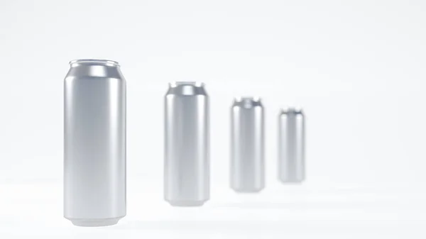 4つの銀アルミニウム冷缶の3D画像は 列に滞在します 白い背景に — ストック写真