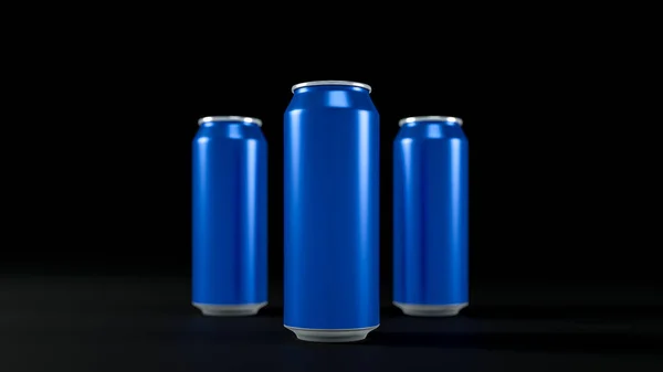 Image Three Blue Aluminium Cold Cans Staying Center Image Black — Stock Photo, Image