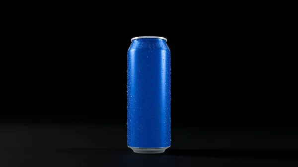 Kép Egy Kék Alumínium Hidegkanna Vízcseppekkel Fekete Elszigetelt Háttérrel — Stock Fotó