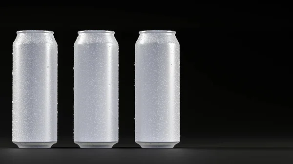 3つの白いアルミニウム冷たい缶の3D画像は水滴と一緒に列に滞在します 暗闇の中で — ストック写真