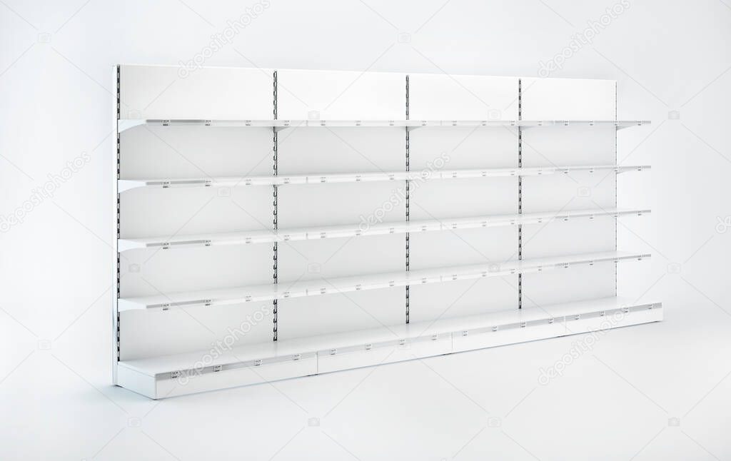 3D image Four Supermarket Showcase Displays with Shelves staying in the row on white background